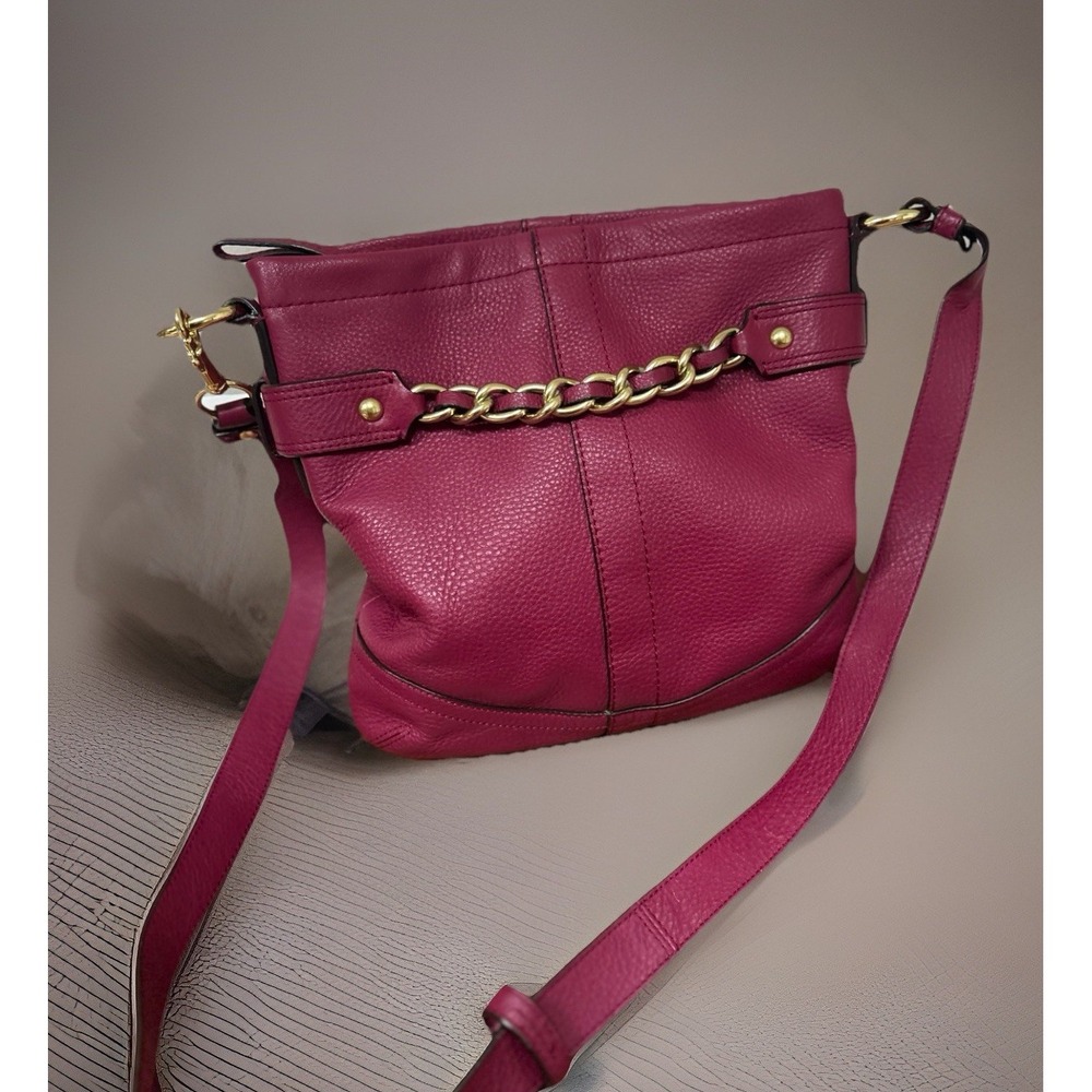 COACH F19722 Pebbled Leather Crossbody Shoulder Bag Raspberry Gold Chain